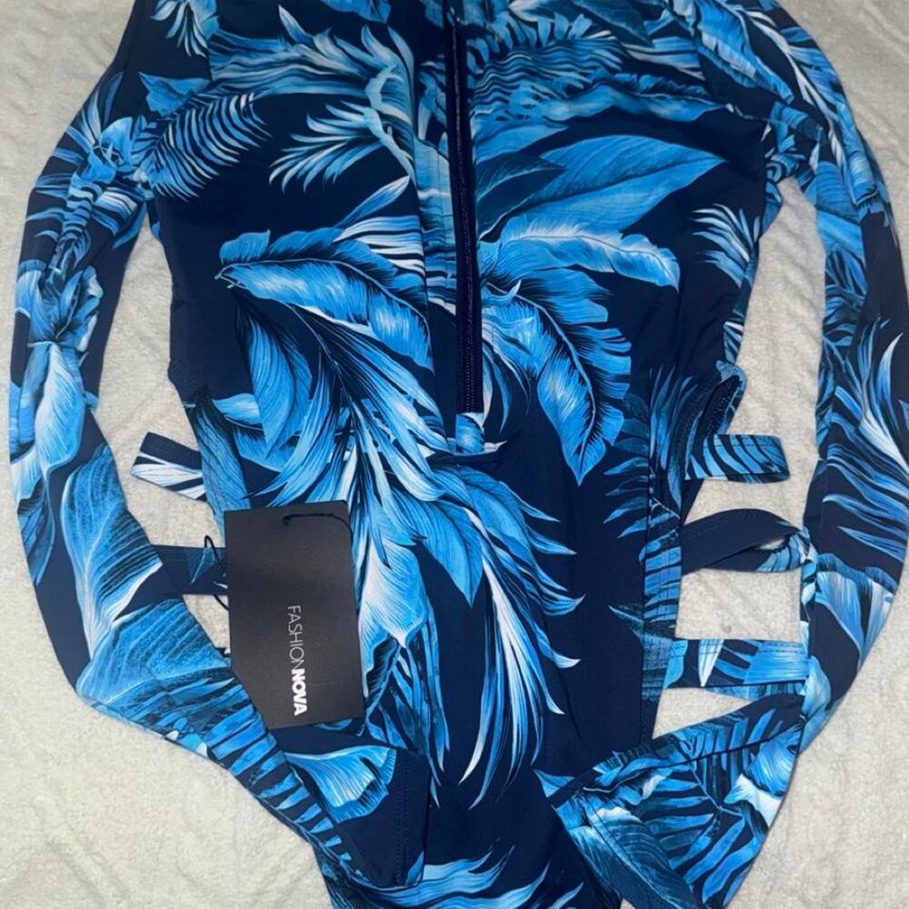 Fashion Nova blue tropical-leaf print one-piece swimsuit with long sleeves